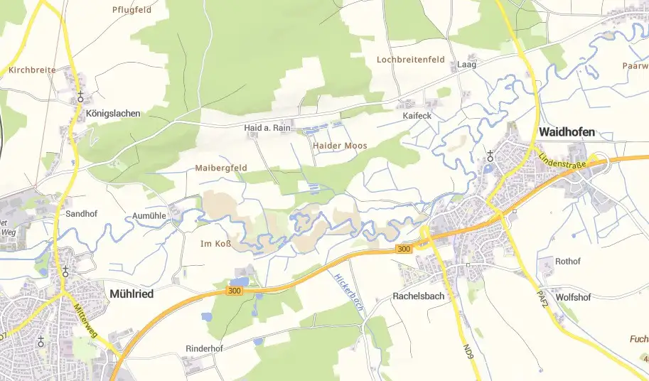 Umleitungs- oder Lageplan mit markierten Strecken und Bereichen rund um die Paarbrücke in Waidhofen.
