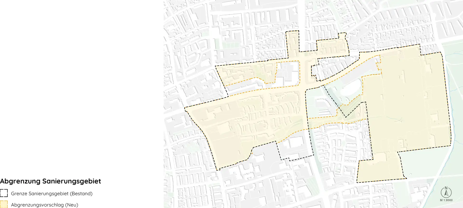 Die Karte zeigt die bestehende Abgrenzung des Sanierungsgebiets Starkenfeldstraße (schwarz) und den im Zuge der Fortschreibung vorgesehenen Abgrenzungsvorschlag (orange).