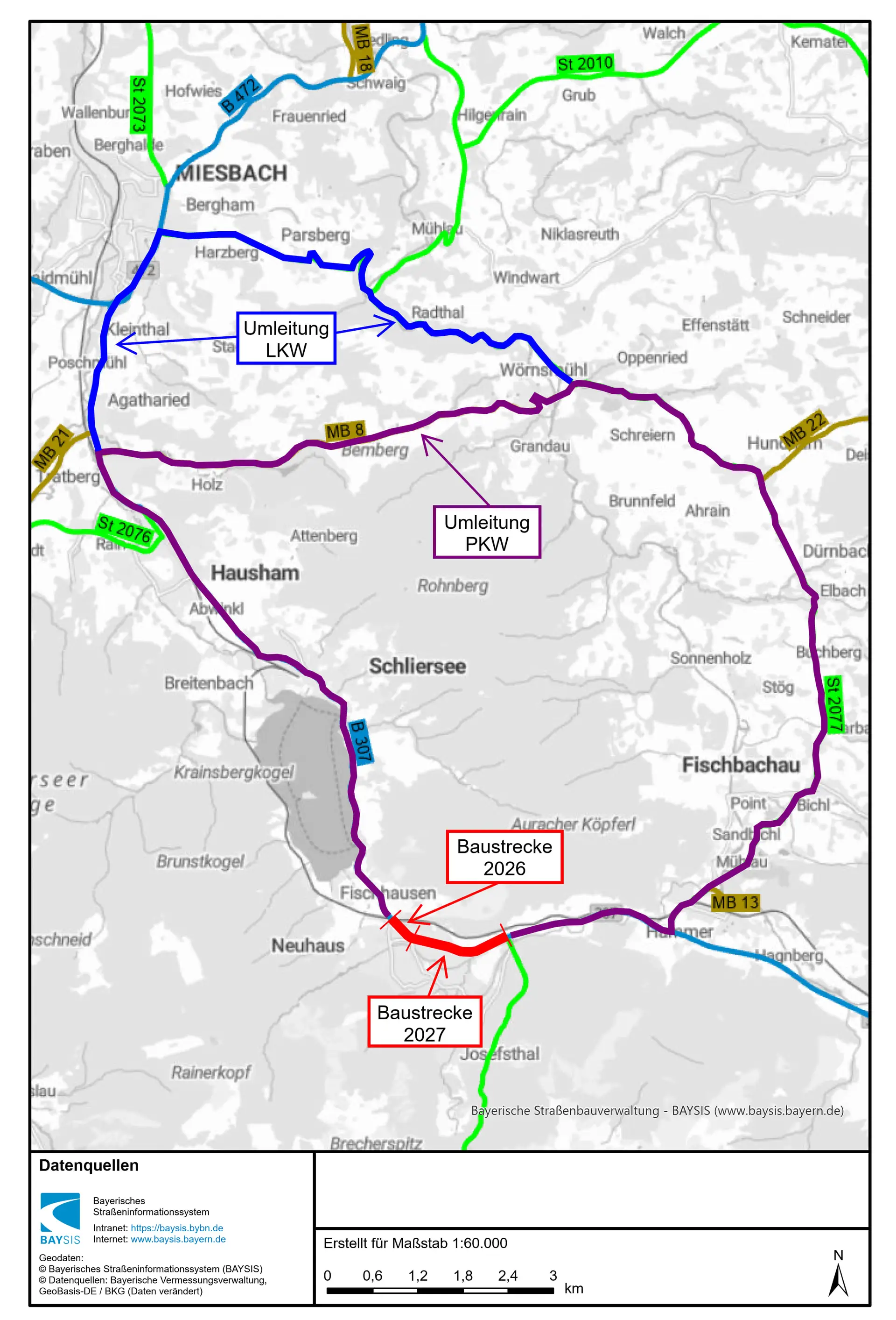 Umleitungsplan zur Vollsperrung der B 307 in Neuhaus am Schliersee.