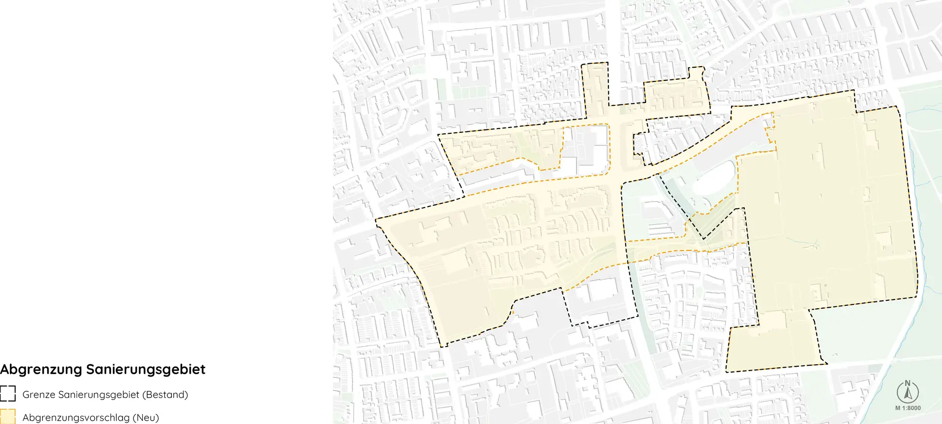 Die Karte zeigt die bestehende Abgrenzung des Sanierungsgebiets Starkenfeldstraße (schwarz) und den im Zuge der Fortschreibung vorgesehenen Abgrenzungsvorschlag (orange).