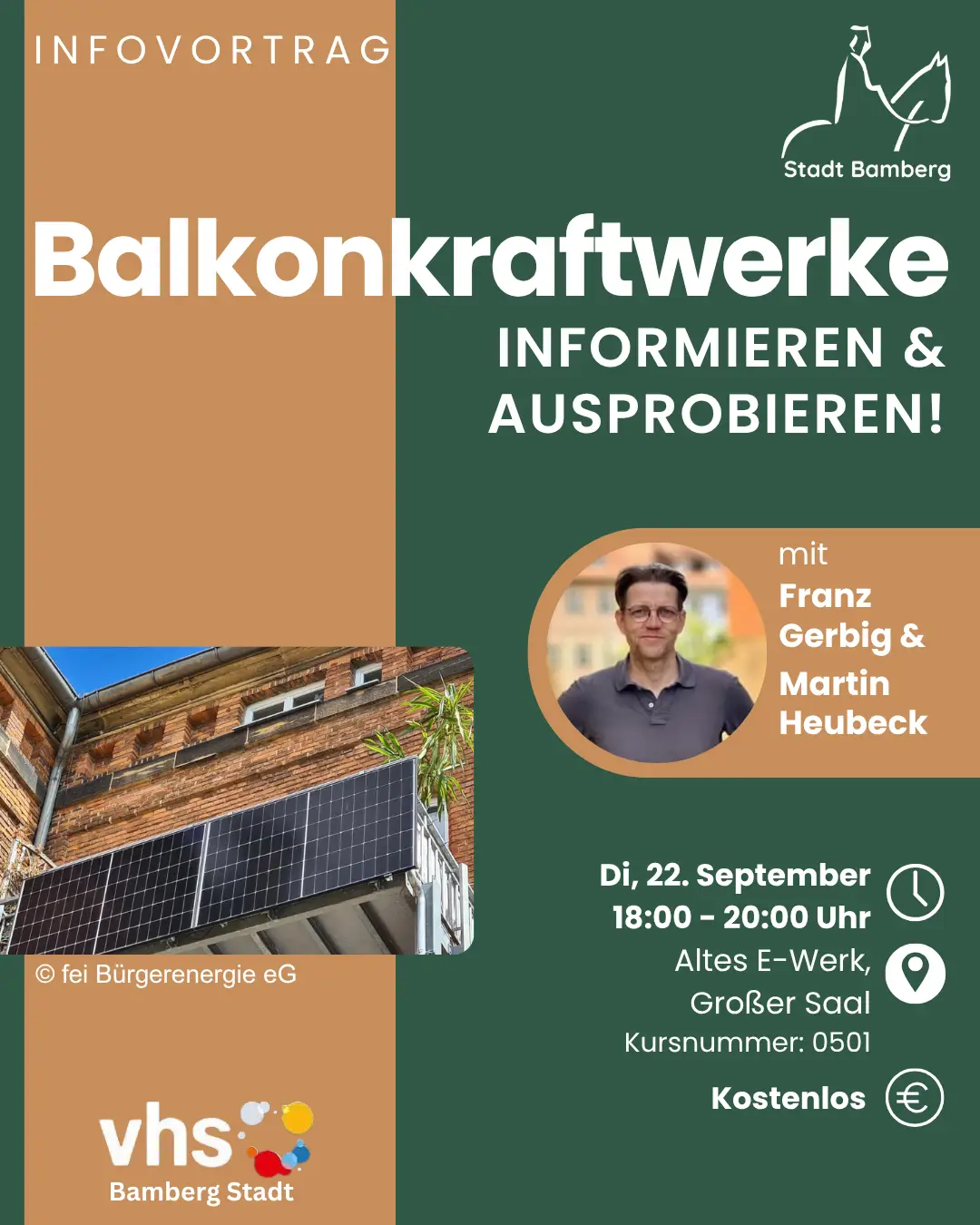 Am 22. September 2026 können sich Interessierte im Großen Saal der vhs Bamberg Stadt kostenlos über die Nutzung von Balkonkraftwerken informieren. Grafik: vhs Bamberg Stadt