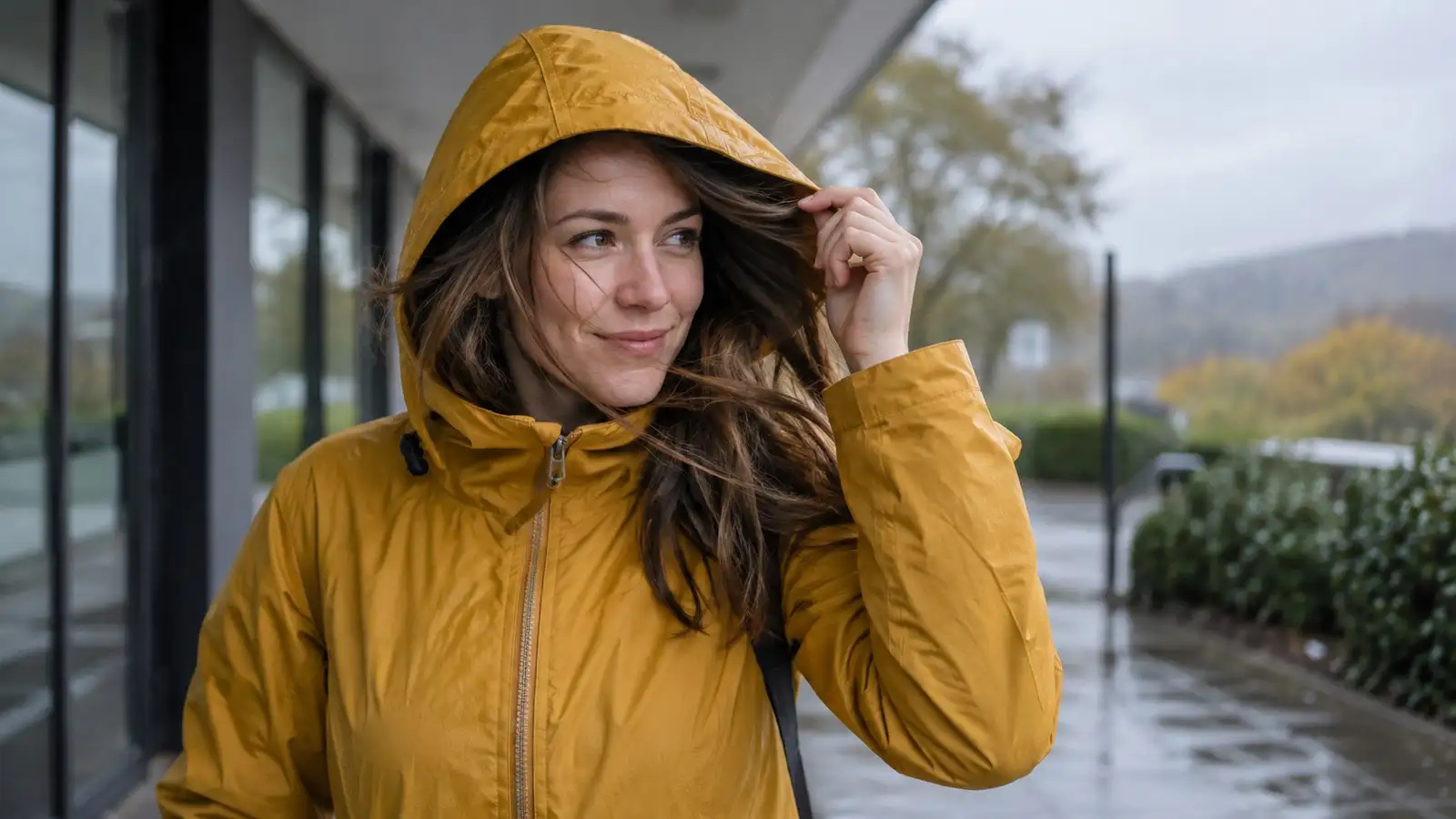 Wind an einer Regenjacke. Neutrale Alltagskulisse ohne behaupteten Aufnahmeort.