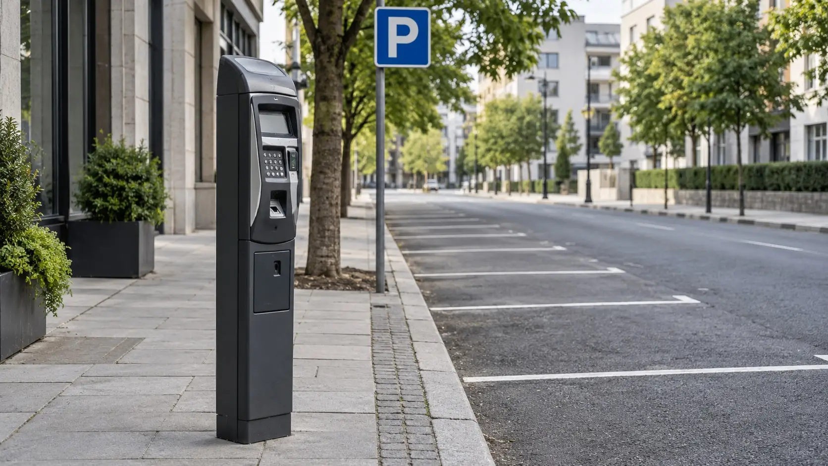 Parkautomat und öffentliche Stellplätze an einem nicht identifizierbaren Ort.